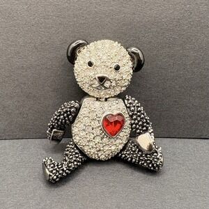 Vintage PJM Articulated Panda Bear Pavé Crystal Brooch Pendant Red Heart